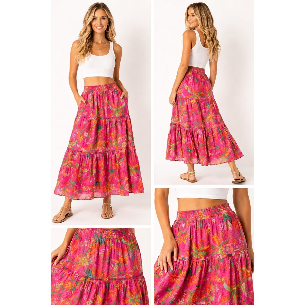 RACHEL Rachel Roy Pink Tropical Print Tiered Maxi Skirt